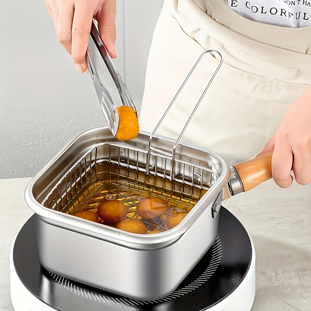 Square Stainless Steel Fryer Pot, Multi-Functional Household Milk Pot & Noodle Cooking Pot, Portable Outdoor Tempura Fryer for All Stoves