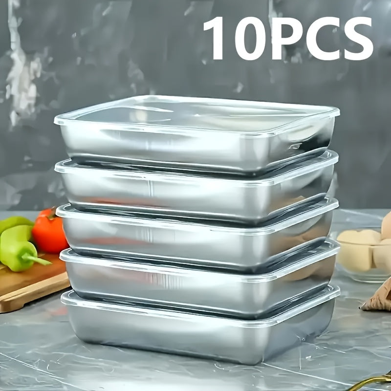 10 Pcs Stainless Steel Food Storage Containers, Flip Lid Meal Prep Box with 5 Plates & 5 Lids, Reusable Fridge Organizer for Meat, Fruit & Kitchen Storage