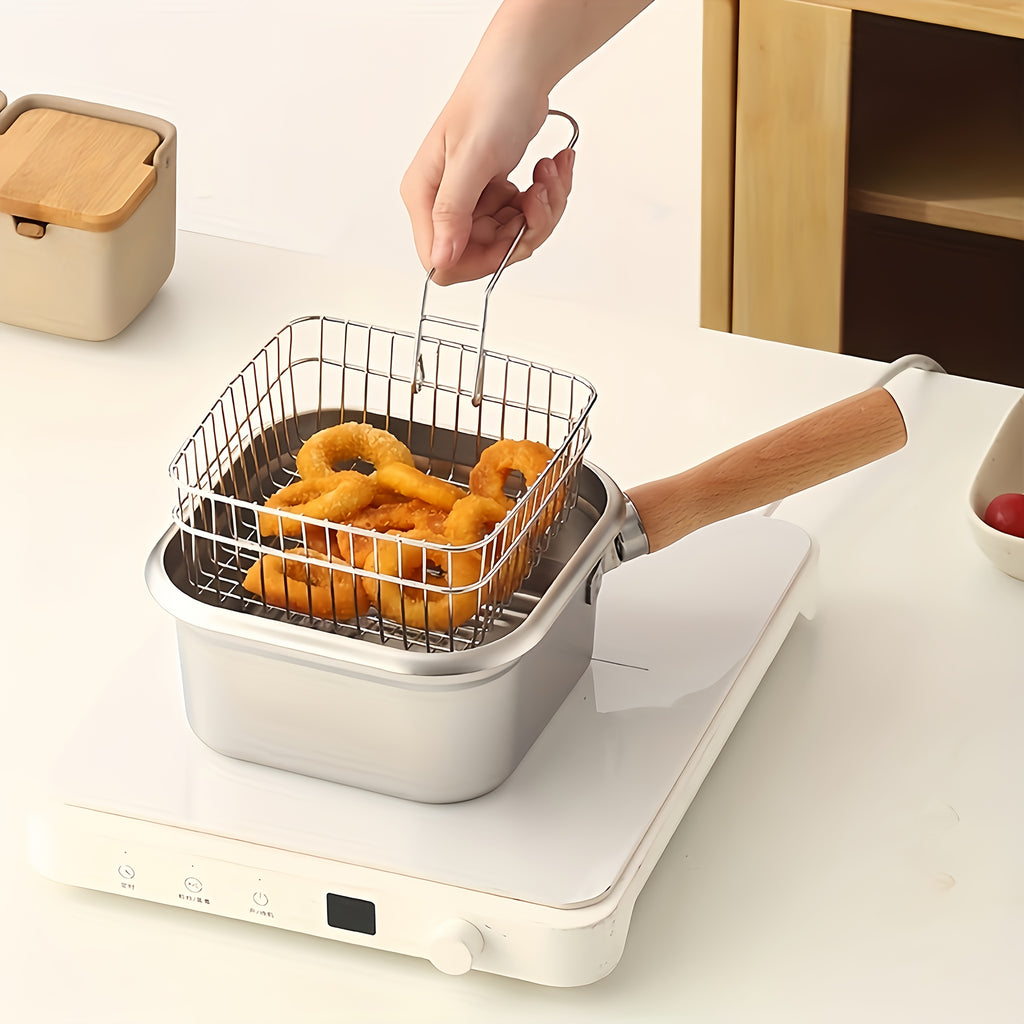 Square Stainless Steel Fryer Pot, Multi-Functional Household Milk Pot & Noodle Cooking Pot, Portable Outdoor Tempura Fryer for All Stoves