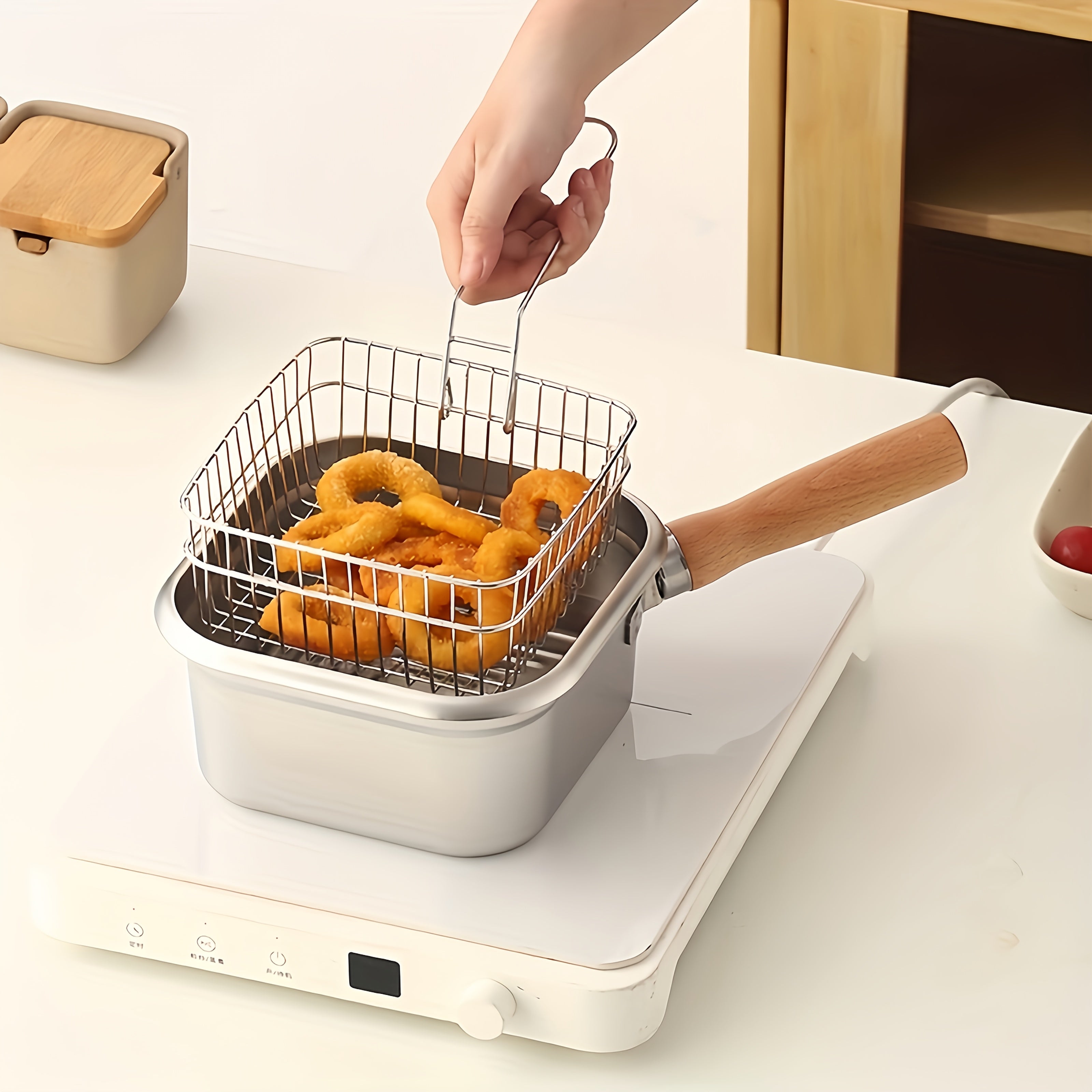 Square Stainless Steel Fryer Pot, Multi-Functional Household Milk Pot & Noodle Cooking Pot, Portable Outdoor Tempura Fryer for All Stoves