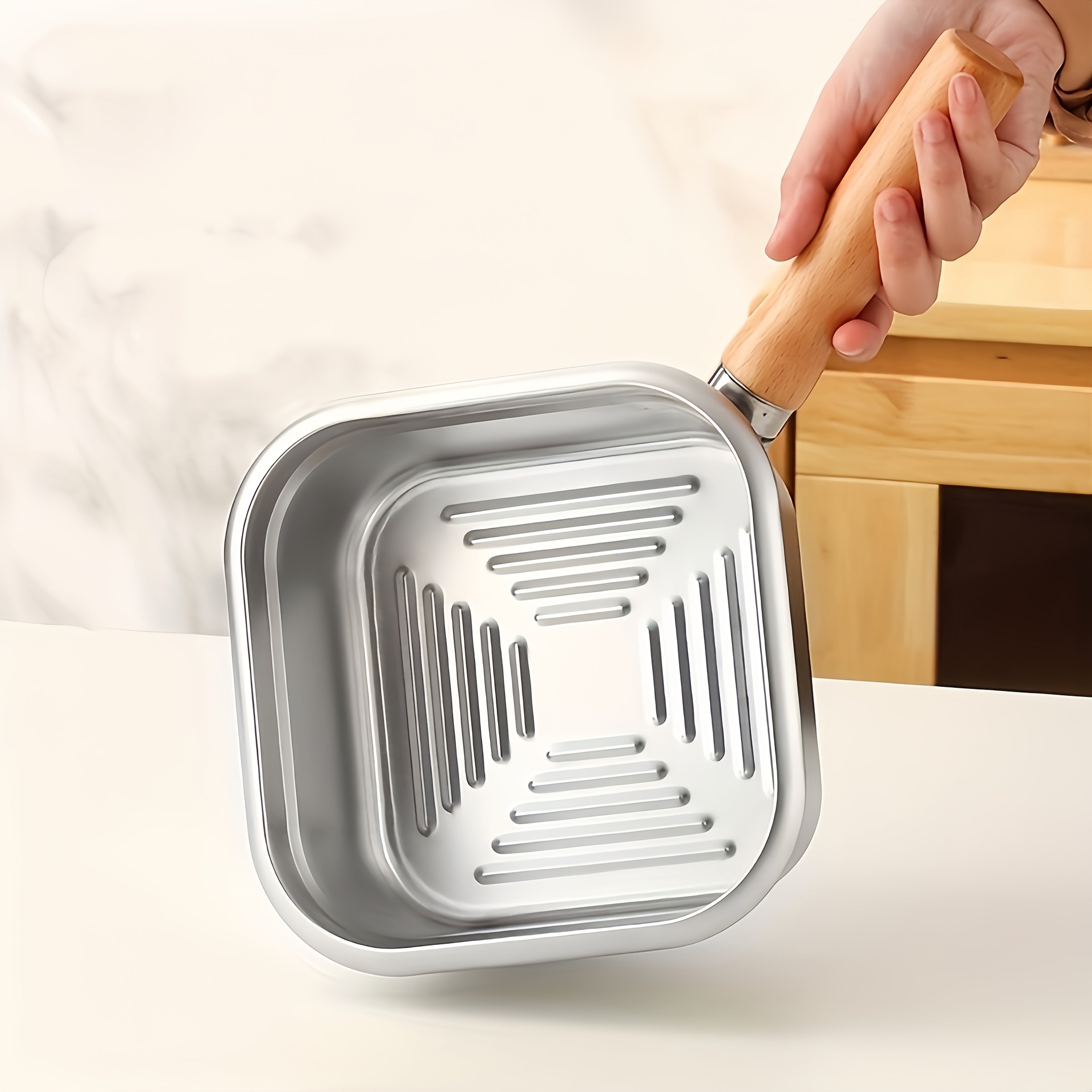 Square Stainless Steel Fryer Pot, Multi-Functional Household Milk Pot & Noodle Cooking Pot, Portable Outdoor Tempura Fryer for All Stoves