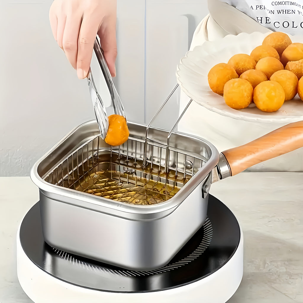 Square Stainless Steel Fryer Pot, Multi-Functional Household Milk Pot & Noodle Cooking Pot, Portable Outdoor Tempura Fryer for All Stoves