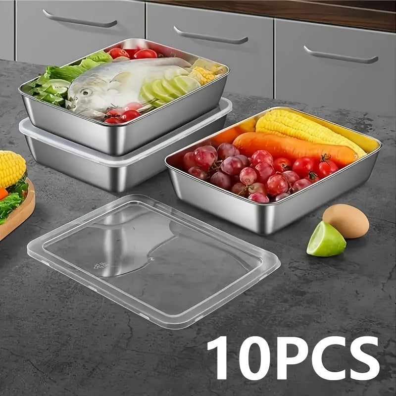 10 Pcs Stainless Steel Food Storage Containers, Flip Lid Meal Prep Box with 5 Plates & 5 Lids, Reusable Fridge Organizer for Meat, Fruit & Kitchen Storage