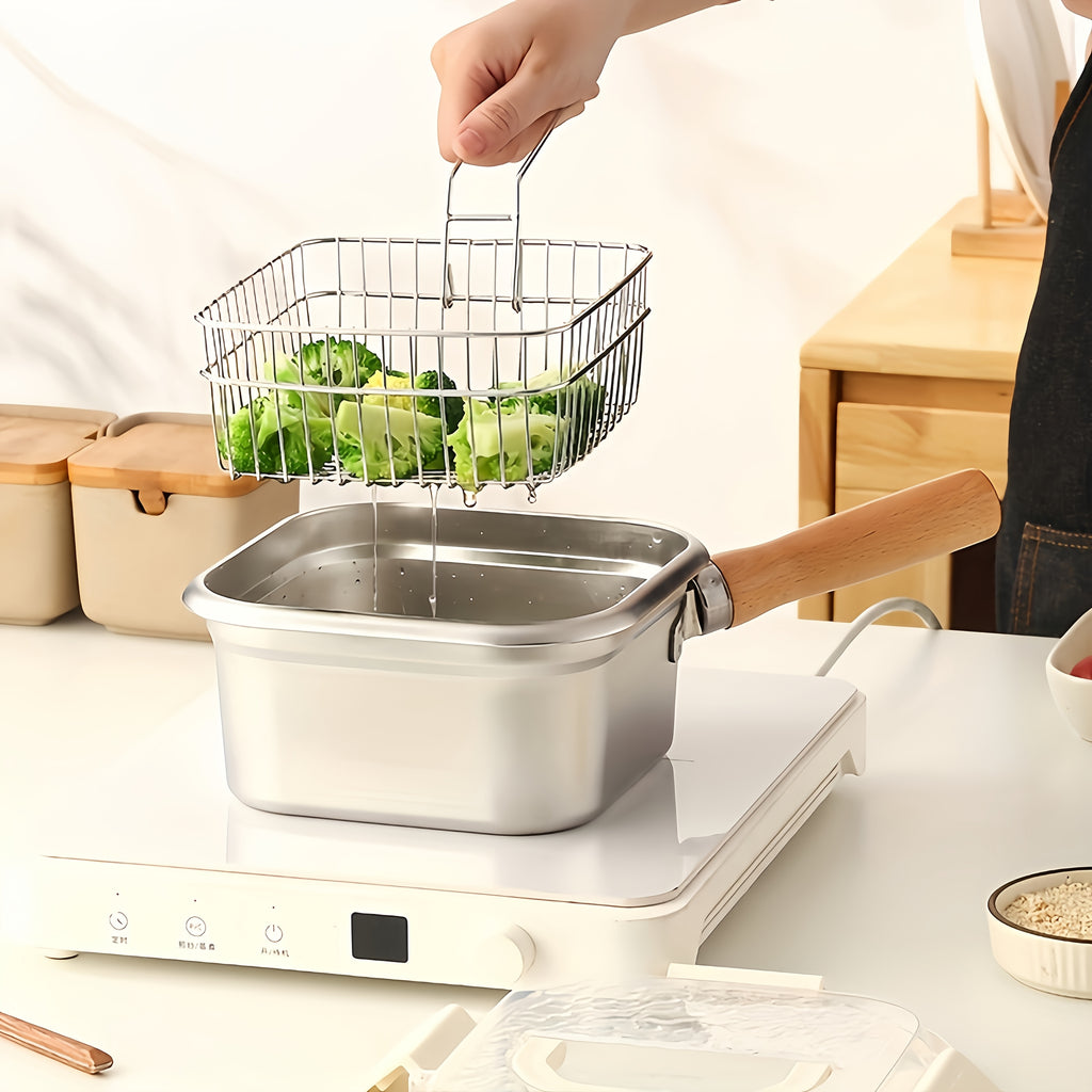Square Stainless Steel Fryer Pot, Multi-Functional Household Milk Pot & Noodle Cooking Pot, Portable Outdoor Tempura Fryer for All Stoves