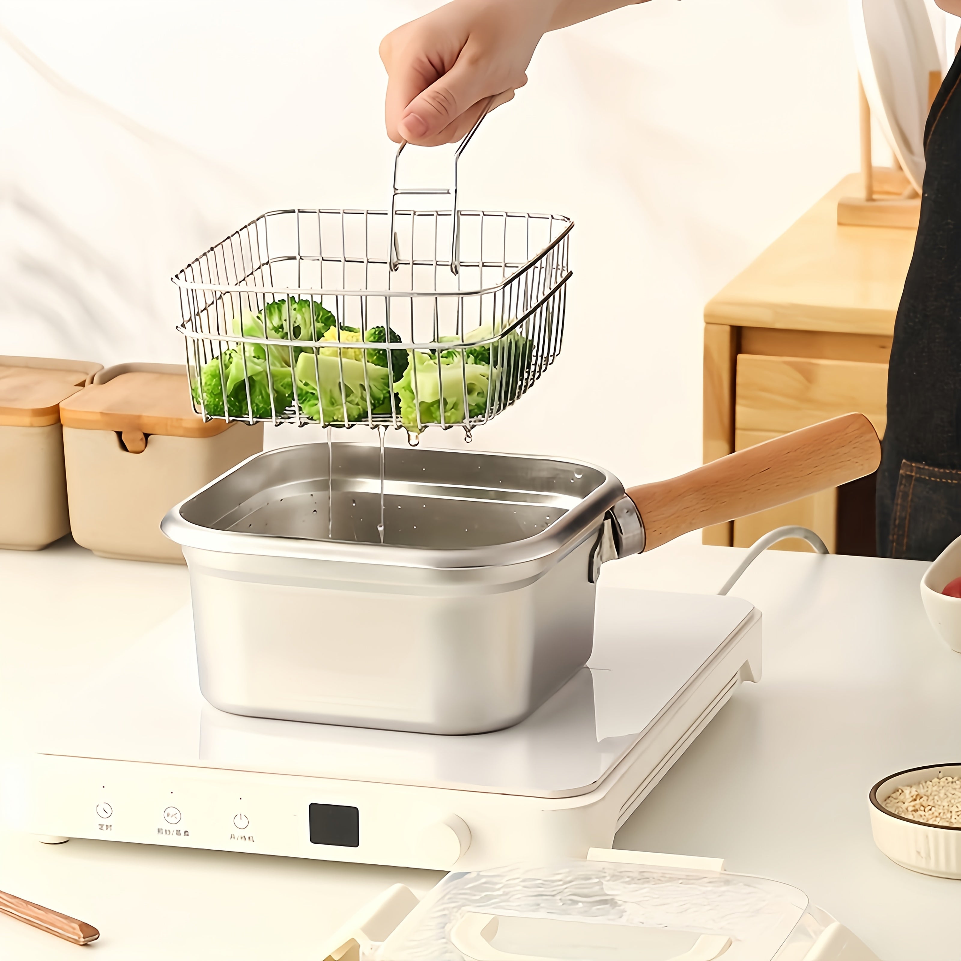 Square Stainless Steel Fryer Pot, Multi-Functional Household Milk Pot & Noodle Cooking Pot, Portable Outdoor Tempura Fryer for All Stoves