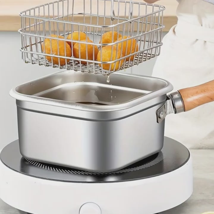 Square Stainless Steel Fryer Pot, Multi-Functional Household Milk Pot & Noodle Cooking Pot, Portable Outdoor Tempura Fryer for All Stoves