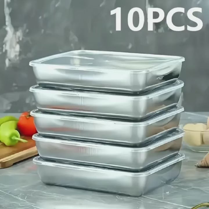 10 Pcs Stainless Steel Food Storage Containers, Flip Lid Meal Prep Box with 5 Plates & 5 Lids, Reusable Fridge Organizer for Meat, Fruit & Kitchen Storage